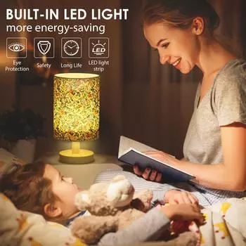 Fabric Wooden Table Lamp USB LED Bedside Night Lamp with Linen Fabric Lampshade Decorative Bedroom Nightstand Light Vintage