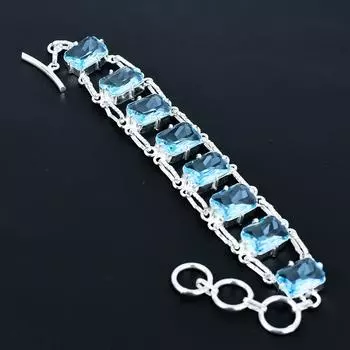 Faceted Aquamarine Bracelet 925 Sterling Silver Jewelry Adjustable Chain Bracelet Cushion Shape Gemstone Handmade Jewelry Gift For Her 8 синий
