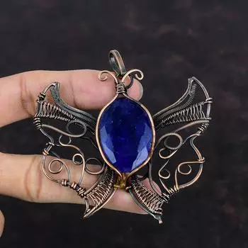 Faceted Blue Sapphire Pendant Copper Wire Wrapped Handmade Pendant Butterfly Pendant Gemstone Copper Jewelry Gift For Him Wire Wrap Jewelry
