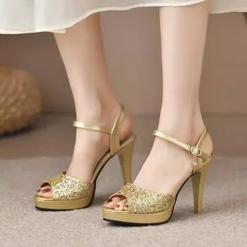 Factory new high heels stiletto hollowed out Amazon foreign trade women s one-word strap sandals fish mouth sandals women 35 золотой