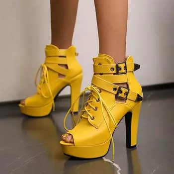 Factory Xia Yuzui Shoes Water Platform Platform Thick-soled Coarse Heel High Heel Sandals Lace-up Cold Boots Low Tube Foreign Trade 40-43 Larg 35 белый