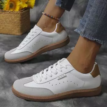 Fahion Patchwork Flat Sneakers Women Autumn Lace-Up Pu Leather Vulcanized Shoes Female Mix Color Breathable Soft Walking Shoes 36 чёрный