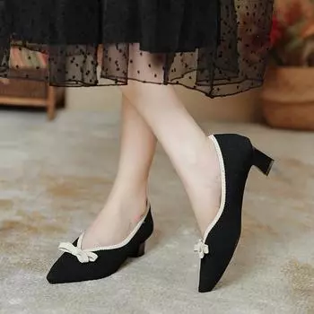 Fairy high heels spring and autumn new Korean version versatile thick heel high heel commuter women s shoes knitted shoes single shoes women 34 чёрный