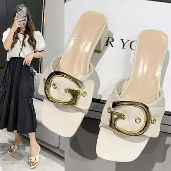 Fairy wind high heels metal chain slippers Women 2024 summer new large size thick heel shoes to wear with skirt slippers 35 белый