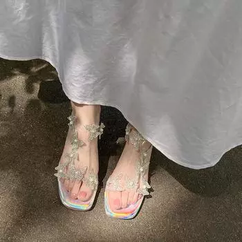 Fairy wind pearl rhinestone butterfly transparent crystal thick high heels cool slippers summer wear women s sandals 35 серебряный