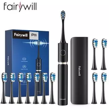 Fairywill FW-P11 для взрослых, 6200 об/мин, электрическая зубная щетка Sonic, 3 режима, водонепроницаемая зарядка через USB, 12 сменных насадок для щеток