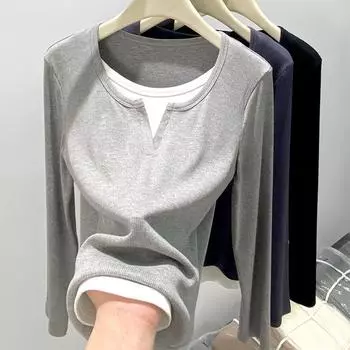 Fake Two Long-sleeved T-shirts for Women Slim Slim Chic Top Crewneck Bottom Shirt In Autumn S