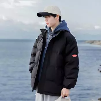 Fake Two-piece Cotton-padded Clothes Men s Thickened Down Cotton-padded Clothes Splicing Couple Hooded Cotton-padded Jackets Trendy Cotton-padded M серый