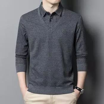 Fake Two-Piece Men s T-shirt Autumn and Winter New Middle-Aged Business Leisure Shirt Collar Bottoming Shirt M