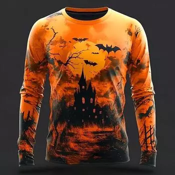 Fall Halloween Pumpkin Print Long Sleeve T-Shirts for Men Goth Streetwear Casual Tops Halloween Theme Casual Tshirt S