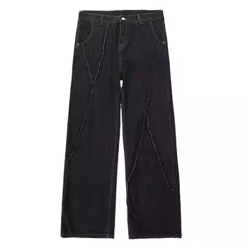 Fall Personality Hip-hop Straight Distressed Ripped Patchwork Men Fashion Loose Casual Wide-leg Jeans Plus Size XS чёрный