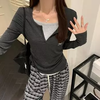 False Two-piece Stitched V-neck Embroidered T-shirt Lady s Long Sleeve Fall 2024 Pure Desire Pleated Inner Jacket S