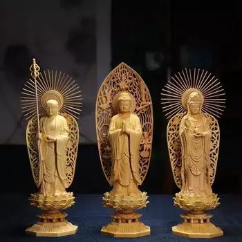Фэн-шуй 28 см Самшит Три Скульптура Будды Шакьямуни Гуаньинь Статуя Кшитигарбха Домашний Декор Домашние Поделки high quality