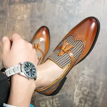 Fashion2024 British Style Brogue Leather Shoes Men Casual Shoes Tassel Loafers Soft Moccasins High Quality Spring Men Driving Shoes 38 чёрный