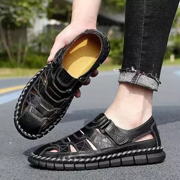 Fashion2024 Классические летние крутые мужские сандалии из натуральной кожи для отдыха на природе Летняя обувь ручной работы Мужские пляжные дышащие новые мужские пляжные сандалии Cave 38 чёрный
