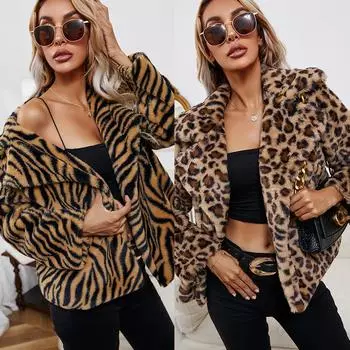 FASHION2024 Меховая куртка с леопардовым принтом и принтом зебры на лацканах, плюшевая свободная версия, искусственный мех, куртка, женская одежда S леопардовый