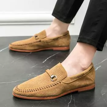 Fashion2024 Мужские черные деловые замшевые кожаные туфли Мужские лоферы Удобные летние кроссовки Брендовые мокасины Дышащая повседневная обувь 38 чёрный