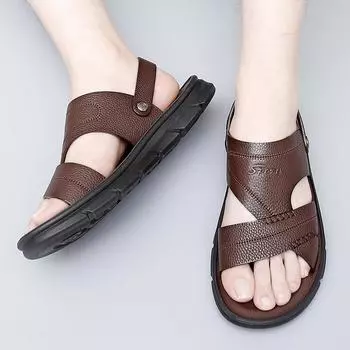 Fashion2024 Новые мужские сандалии из натуральной кожи, верхний слой из коровьей кожи, дышащие, повседневные, деловые, пляжные, сандалии для отдыха на открытом воздухе, мужские сандалии 38 чёрный