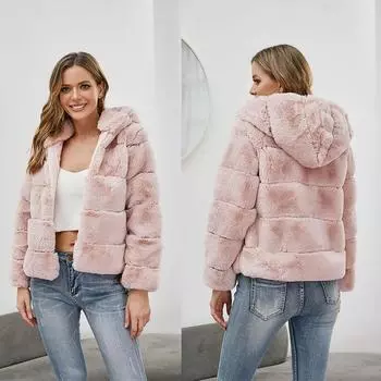 FASHION2024 новое европейское и американское короткое однотонное свободное горизонтальное пальто с капюшоном искусственный мех зимняя теплая куртка Одежда S белый