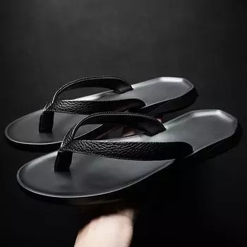 Fashion2024 Новые брендовые мужские тапочки высокого качества летние пляжные шлепанцы мягкие мужские удобные шлепанцы из натуральной кожи легкая уличная обувь 37 чёрный