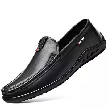 Fashion2024 Spring Autumn Leather Men s Bean Shoes Men Flat Comfortable Soft Leather Shoes Fashion Casual New Designer Loafers Male 38 чёрный