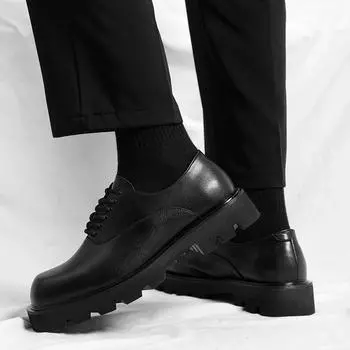 Fashion2024 Thick Bottom Men‘S Casual Shoes Leather Loafers Man Leather Shoes Square Toe Slip-On Fashion Street Men Classic Retro Style 38 чёрный