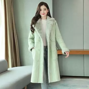 FASHION2024 Зимнее пальто средней и длинной длины из искусственной овечьей шерсти, женское пальто из оленьей кожи с флисовой подкладкой из хлопка, большой меховой воротник, тонкое пальто, модное S серый