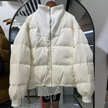 FASHION2024 зимняя короткая куртка-пуховик женская вязаный воротник показывает тонкий темперамент свободная и утолщенная маленькая куртка-хлеб Одежда One Size
