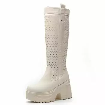 Fashion 10CM Microfiber Genuine Leather Platform Wedge Women Boots Ankle Spring Knee High Fashion Autumn British Riding Boots ZIP Shoes 34 коричневый