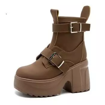 Fashion 10cm Microfiber Genuine Leather Women Booties Ankle Motorcycle Autumn Ankle Spring Thick Soled Chunky Heels Platform Shoes 34 чёрный