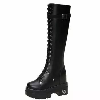 Fashion 10CM New Women Platform Knee High Boots Winter Warm Plush Long Boots Leather Motorcycle Boots Lace-up Chunky Sneakers High Heels 34 чёрный