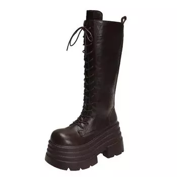 Fashion 10CM New Women s Roman Long Boots Autumn Winter Knee-high Leather Punk Shoes Chunky Platform Casual Knight Boots Botas Mujer 34 бежевый