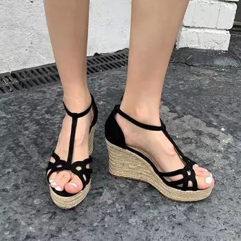 Fashion 10cm ultra high heels platform shoes woman faux suede sandals t-strap hollow peep toe wedges bohemia gladiator sandalias mujer 4.5 абрикосовый