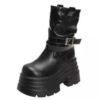 Fashion 10CM Winter Warm Chunky Short Boots Women High Heels New Mid Calf Leather Sneakers Trend Buckle Motorcycle Boots Fur Snow Shoes 34 чёрный