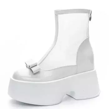 Fashion 11cm Air Mesh Breathable Spring Motorcycle Ankle Boots Summer Ladies Hollow ZIP Boots Woman Fashion Patent Leather Shoes Sandals 33 чёрный