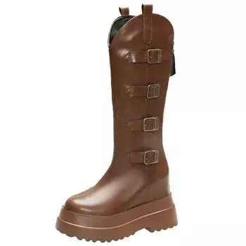 Fashion 11CM Women Platform Knee High Boots Autumn Winter Buckle Chunky Motorcycle Shoes Woman New Long Boots Leather Punk High Heels 34 чёрный