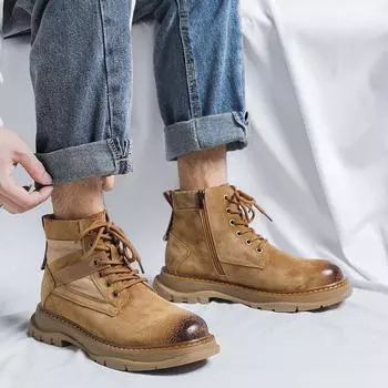 Fashion 2024 Autumn Winter Men s Classic Black Leather Boots Outdoor Men High-top Platform Work Boots Fashion Korean Boots Botas Hombre 38 коричневый