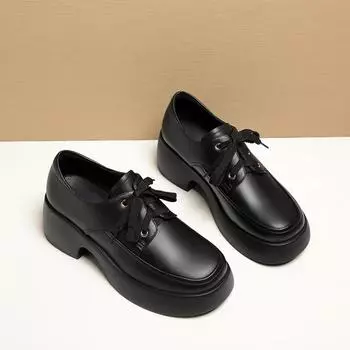 fashion 2024 Elegant Versatile Lace Up Comfortable Soft Leather Thick-Soled Woman New Retro Thick Sole High Heel Casual Single Shoes 35(Foot22.5cm)