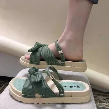 fashion 2024 Fairy Style Summer Women Flip Flops Fashion Casual Platform Versatile Flat Bottom Lady Sandal Slippers with Bow Female Shoe 35 зелёный
