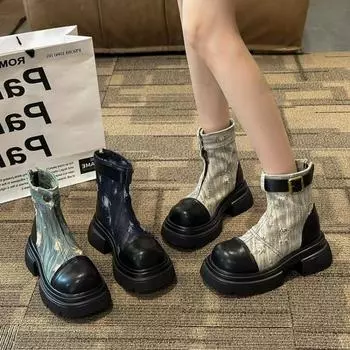 Fashion 2024 Fall New canvas Women Motorcycle Ankle Boots Wedges Female Lace Up Platform Boot Leather Oxford Shoes Women Botas Mujer 35 бежевый