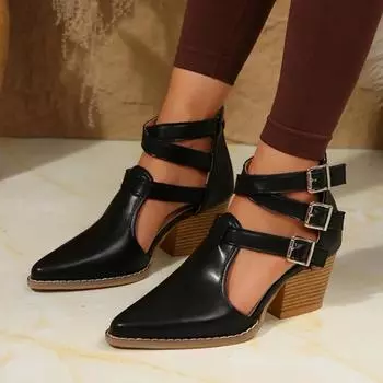 fashion 2024 Fashion Shoes for Women Buckle Women Pumps Summer Pointed Toe Solid Dress Block Heel Plus Size Zipper Shoes Zapatos Mujer 36 чёрный