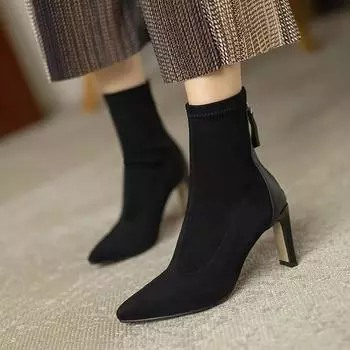 fashion 2024 Fashion Shoes for Women Zipper Women s Boots Autumn Winter Pointed Toe Suede Solid Sexy Dress Stilettos or Thin Heels Boots 34 чёрный