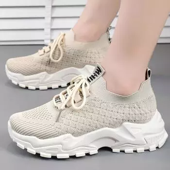 fashion 2024 Fashion Sneakers Women Lace Up Chunky Sneakers Solid Color Platform Shoes Walking Outdoor Tenis Feminino Female Footwear 36 бежевый