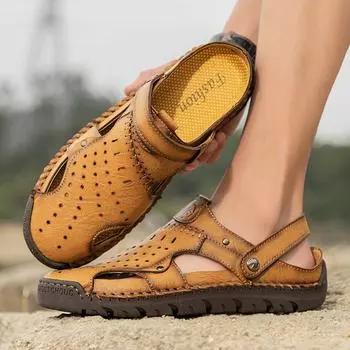 Fashion 2024 Handmade Leather Men Shoes Summer New Large Size Men s Sandals Men Sandals Fashion Sandals Slippers Big Size 38-48 38 чёрный