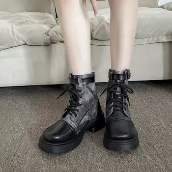 fashion 2024 High Quality Ladies Shoes Back Zip Women s Boots Fashion Cross Lacing Modern Boots Women New Color Matching Mid-Calf Boots 35 чёрный