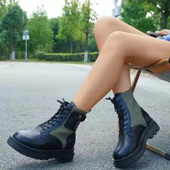 Fashion 2024 High Quality Ladies Shoes Front Lace-up Women s Boots Fashion Rivet Modern Boots Women Winter Color Matching Mid-Calf Boots 35 армия зеленый