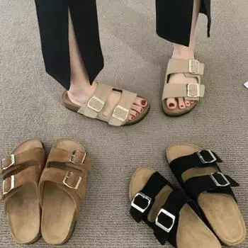 fashion 2024 Hot Sale Shoes for Women Plus Size Women s Slippers Fashion Belt Buckle Casual Slippers Women Summer Peep Toe Flat Slippers 35 чёрный
