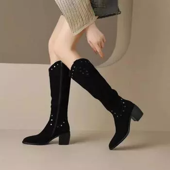 Fashion 2024 Hot Selling Winter High Quality Women s Boots Fashion Pointed Toe Solid Color Mid Heel Side Zipper Women s High Boots 35 зеленые хаки
