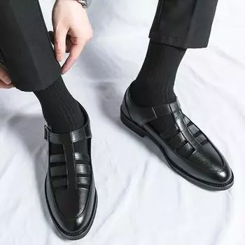 Fashion 2024 Men Summer Sandals and Leather Shoe Men Hollowed Out Soft Bottom Comfort Breathable Sandals New Cowhide Black/White Sandals 38 белый