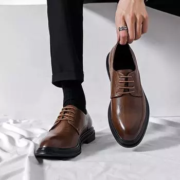 Fashion 2024 New Arrival Spring New Formal Leather Shoes Lace-up Low Top Casual Men s Shoes Outdoor Luxury Brand Oxfords Male Shoes 38 чёрный